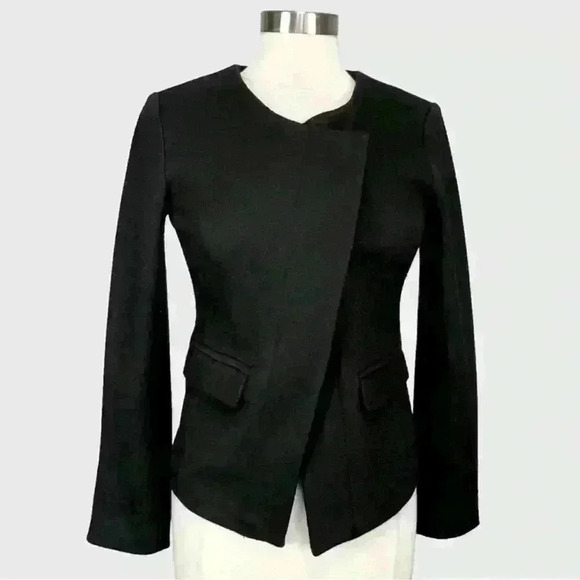 Ann Taylor Loft black wool blend asymmetrical snap blazer jacket, size 4 Petite - Picture 2 of 9
